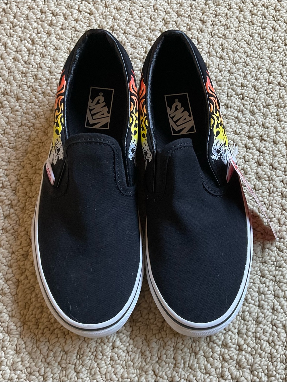 NWT Kid’s Vans Black Slip-On Sneakers with Red Orange Yellow Flame Design